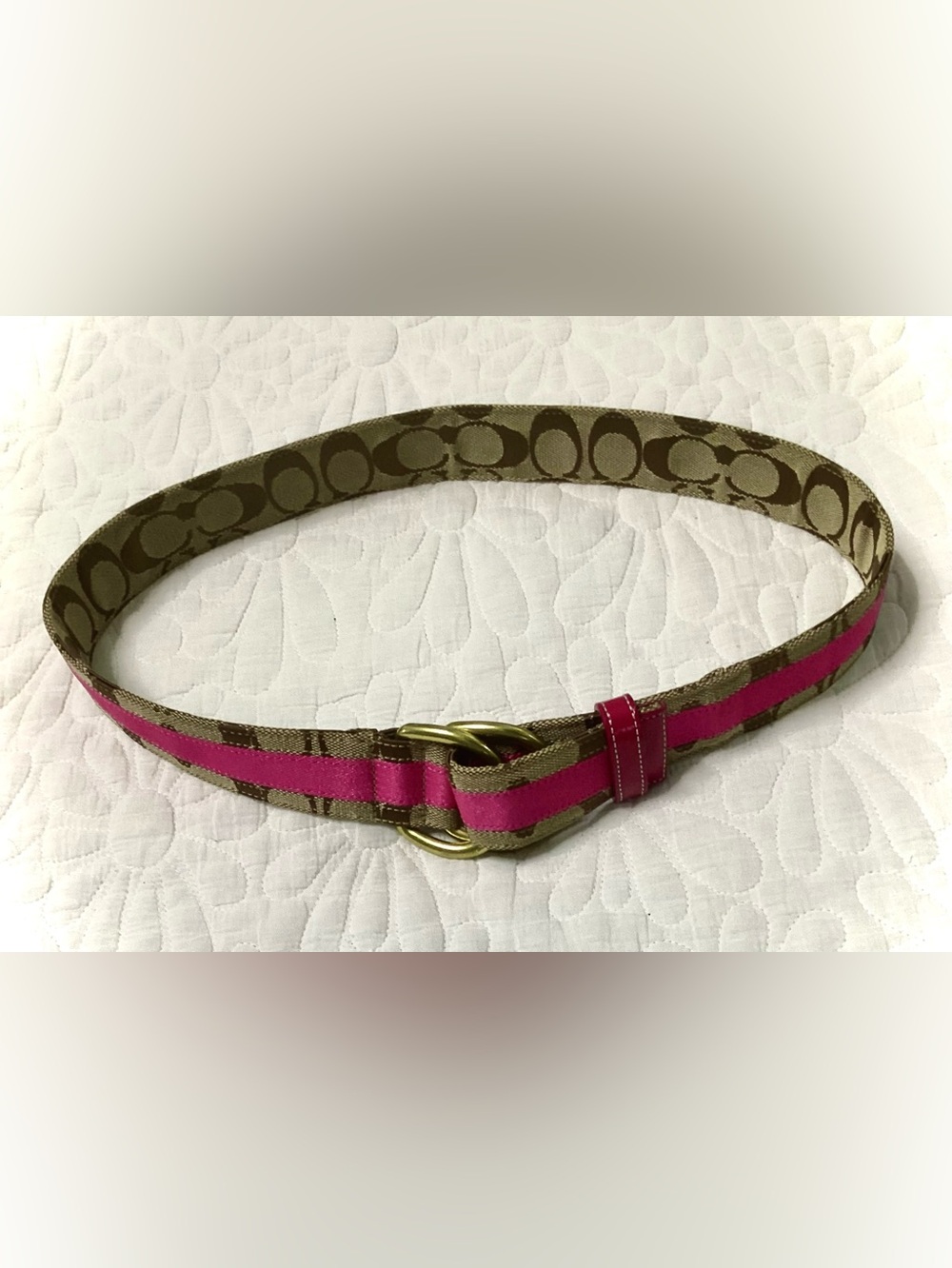 Coach Brown Signature Strap with Pink Center Stripe